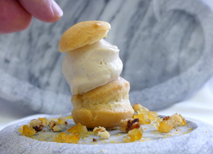 Chouquettes with ice cream and spiced bread, bitter orange jam, chocolate and Chantilly shot