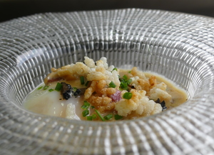  Low-temperature truffle yolk with boletus cream, Iberian ham and puffed rice