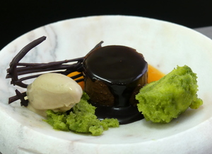 Chocolate pudding with Early grey tea ice cream and pistachio sponge 