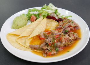 Roasted pork "mexican tacos" with vegetables and guacamole