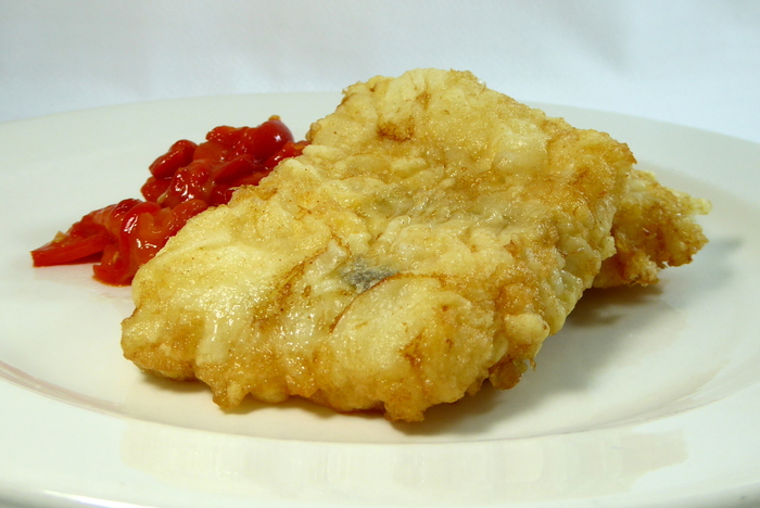 Battered cod with red peppers