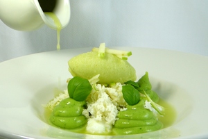 Different textures of granny smith apple, gin, wasabi, basil cream and yogurt