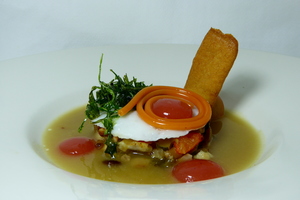 Squid lasagna filled with cep mushrooms, with potato and baby squid soup