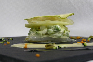 Apple and smoked cod mille-feuille with cep mushrooms pil pil