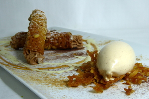 Pinion rolls filled with hazelnut mousse and cinnamon ice cream