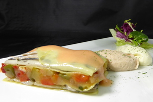  Cold lasagna filled with anchovies and vegetables with an albacore mousse