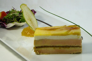 Foie gras, goat cheese and caramelized apple mille-feuille