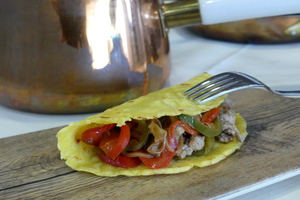 Roasted pork "Mexican tacos" with onion and peppers