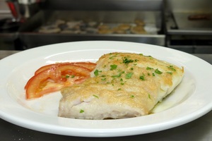 Griddled  hake with tomato and garlic salad